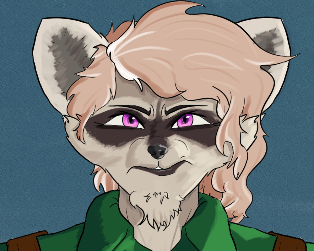 A raccoon named Cae looks on from a distance. The image is a close-up of his face. His eyes are pink, and one side of his lips are raised in an annoyed scowl.