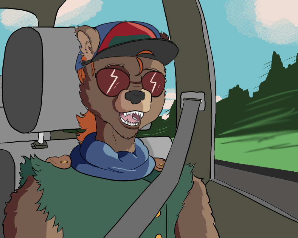Bryph the bear, wearing sunglasses, a red and blue cap, a blue infinity scarf, and a green vest. Bryph is driving a car and singing.