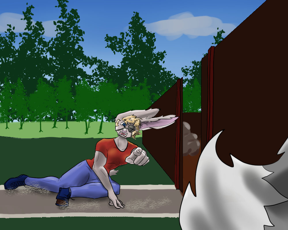 Baron, a rabbit man, slides around a corner, pointing a finger at Addie, who is offscreen with only the end of her tail visible on the left of the screen.