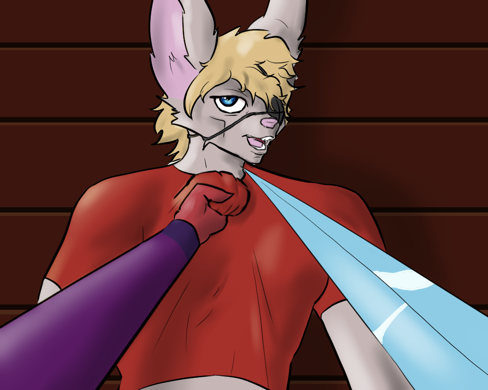 The image is from Addie's perspective. Baron the rabbit has a sword tip pressed against his throat, he looks up at the viewer, a cold rage in his eyes.