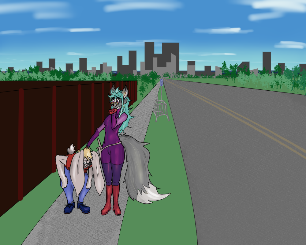 Addie lays a hand on Baron's back while he catches his breath. She has sheathed her sword. Tolikra's skyline is visible in the background.
