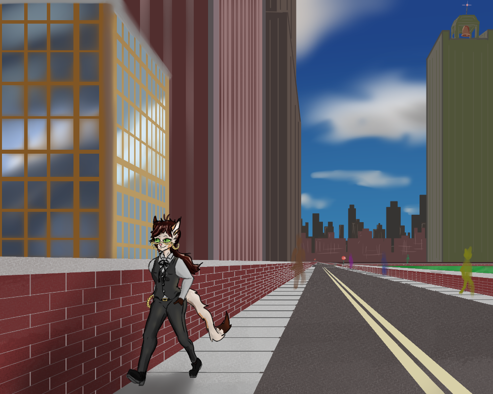 Jutse walks on a sidewalk, buildings looming in the background, and shadowy figures in faint colors dotting his surroundings.