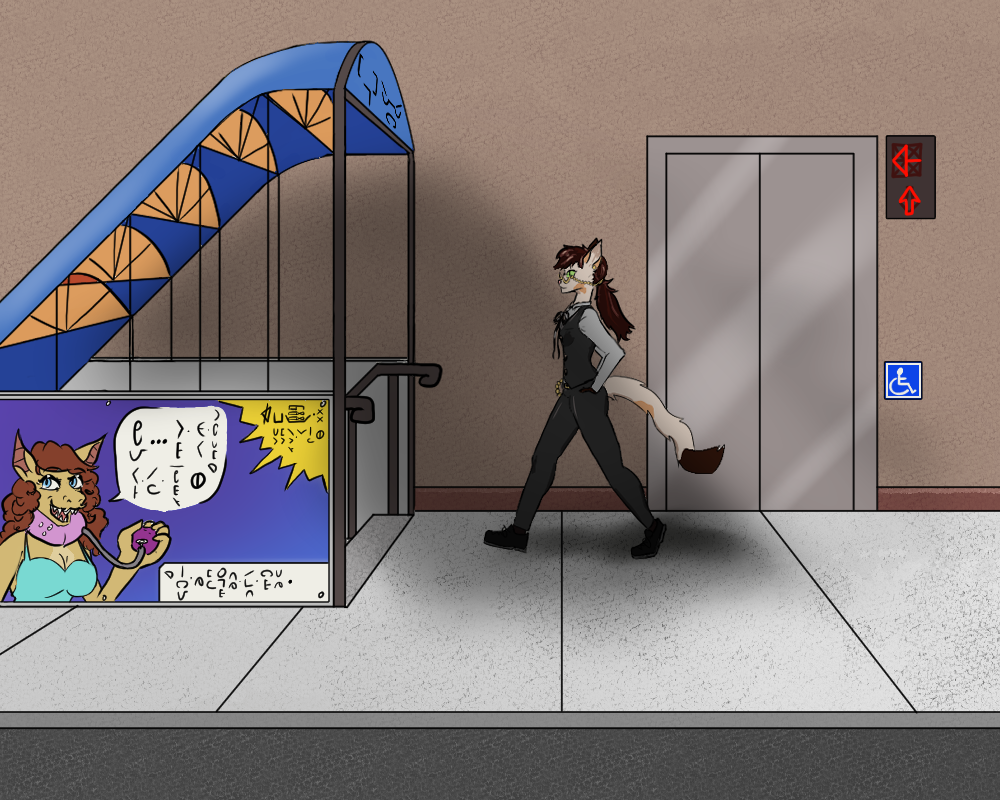 Jutse approaches a stairwell labelled 'Metro' in Mersian script. On the side of the stairwell, there is an advertisement for a hand-held rebreather meant for aquatic sapes. A shark with curly brown hair holds a hand-held pumping ball, with a speech bubble next to her which reads 'Air... In the palm of your hand!*' Below this, in a white box, it reads '*For emergency use only.' In a yellow starburst callout, it reads '2699.00 kredits, Limited offer!' Behind Jutse, there is an elevator entrance with a simple LED screen that reads 'G' and has a lit up-arrow beneath it. There is a rectangle bearing the international symbol for handicap accessibility to the right of the elevator doors.