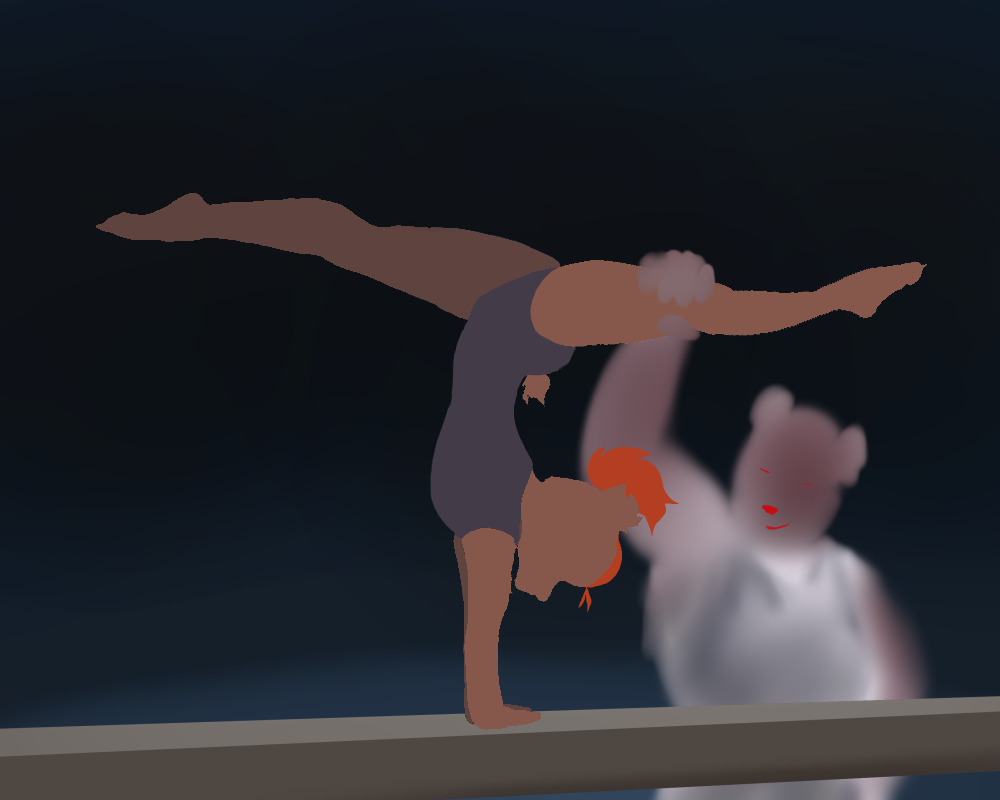 Bryph, as a ten-year-old child, performs a handstand split on top of a balance beam, as a blurred figure standing beside the beam grabs their leg and bends it back further.