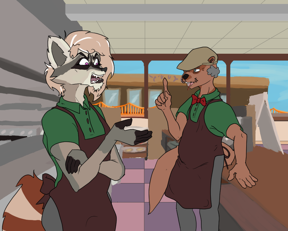 Cae and Sal (an otter) argue behind the counter. Cae has an expression of exasperation, and Sal has an expression of calm wisdom.