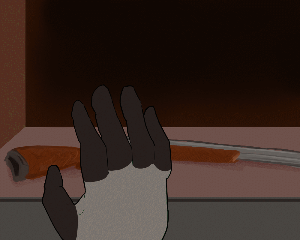 Cae reaches under the counter, touching a shotgun for a moment before lifting his hand and reaching further back into the shadows.