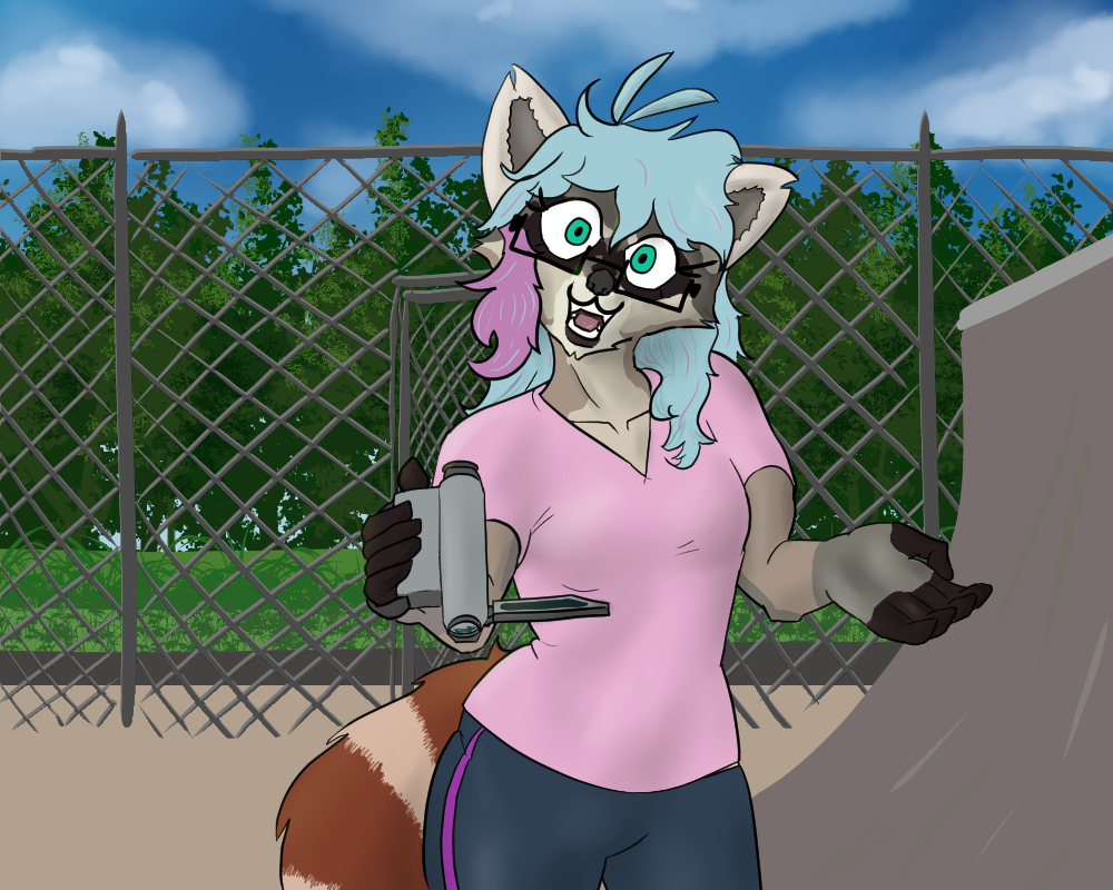 Frost, a raccoon with dyed blue hair with a prominent pink lock of hair draped in front of their right cheek, lowers their camera, ecstatic. They wear a pink shirt and dark purple shorts. A chainlink fence is visible behind them.