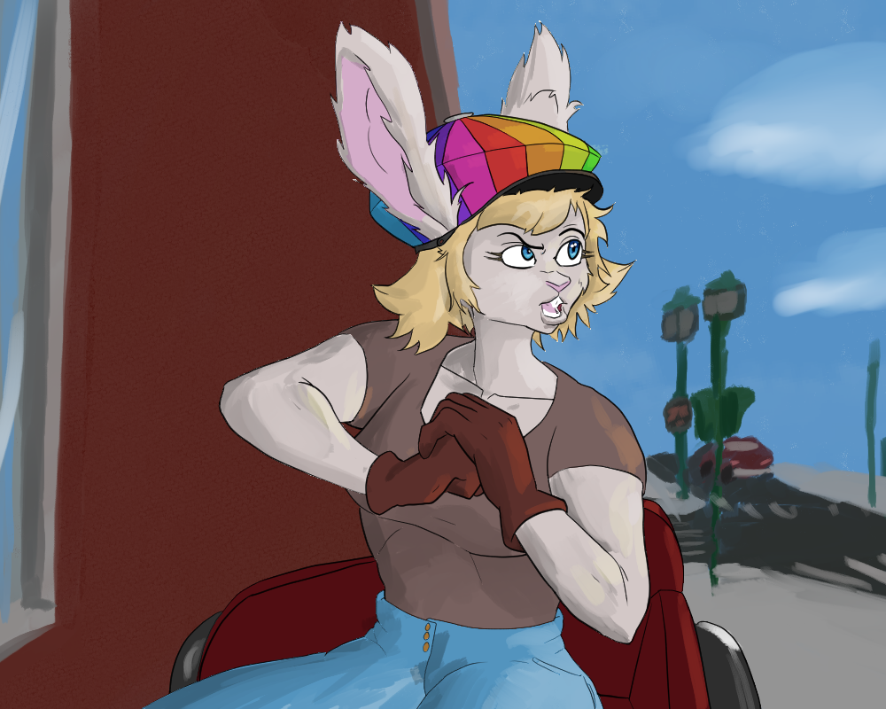 Princess, a white rabbit who uses a wheelchair, smacks her fist into her palm. She wears a rainbow colored hat atop a shock of messy blonde hair which flares out on either side. Her long ears poke out of the top of her hat. A crosswalk is visible behind her, with a car in the distance.