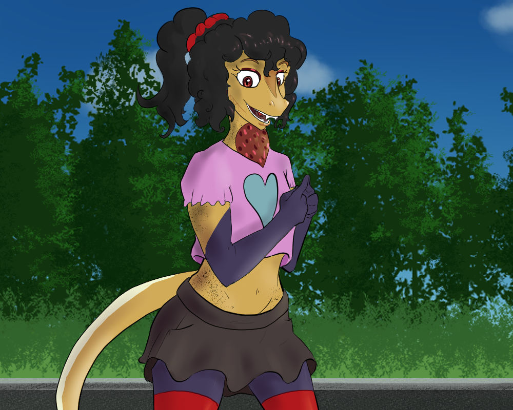 Maddy, an oriental garden lizard, presses the tips of her index fingers together and smiles. Her throat is covered in brilliant red scales and she wears her curly black hair in a messy ponytail that doesn't quite reach her shoulders. She wears a pink shirt with a light blue heart on the middle of it, cut short to reveal her belly. She wears a short deep red skirt that reveals a short length of her purple thighs, over which she is wearing bright red thigh-high socks. Trees and a blue sky streaked with sparse clouds fill the background behind her.