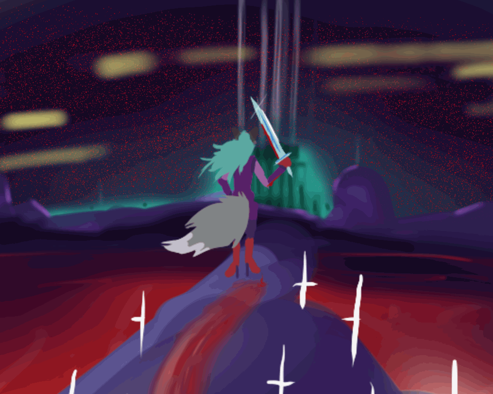 Animation: Addie stands atop a mountain on an alien world, across a blood red lake, with a glowing green city beyond. She holds a sword at her side, and it drips blood towards her feet. The blood forms a river which flows down the mountain past many white cross-shaped gravestones.