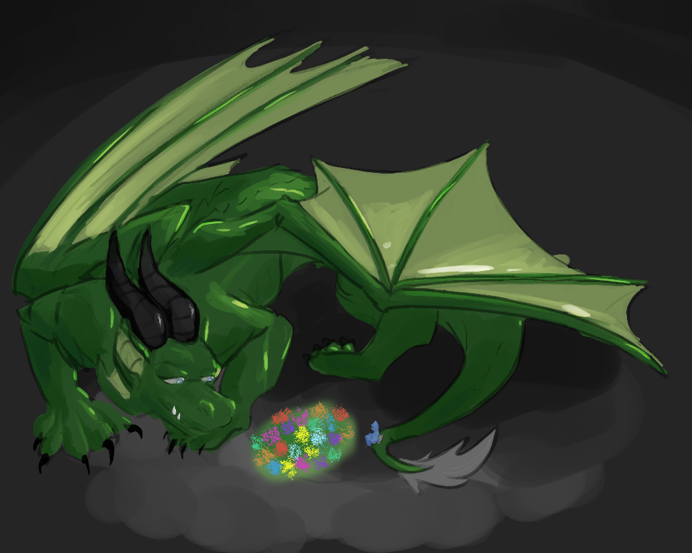 Arcturus, an adult dragon of massive size, lies curled up with the listener on the tip of his curled tail.