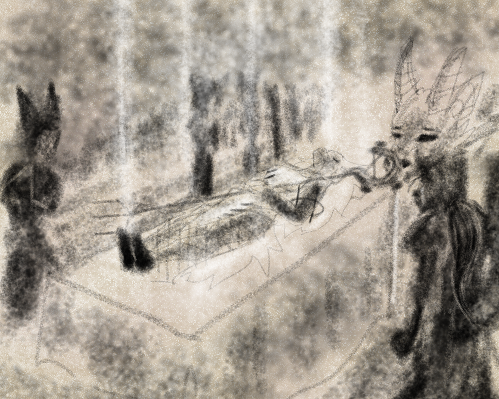 A charcoal drawing on parchment of a historical figure called Diane on her funeral bed, with a very long line of people waiting to pay their respects to her. Arcturus, the dragon, rests sadly in the background. Mage, as a young man, stands before the funeral bed clenching his fist.