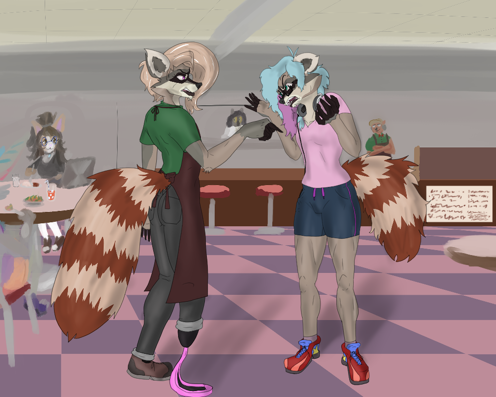 Frost and Cae shout at each other in the cafe as Audrey and Sal look on from the background. Audrey looks intrigued, and Sal looks disapproving. Also in the background are a tabby cat on a laptop and a werekitty girl with blue stripes on her ears seated at a table across from each other, each with food before them.