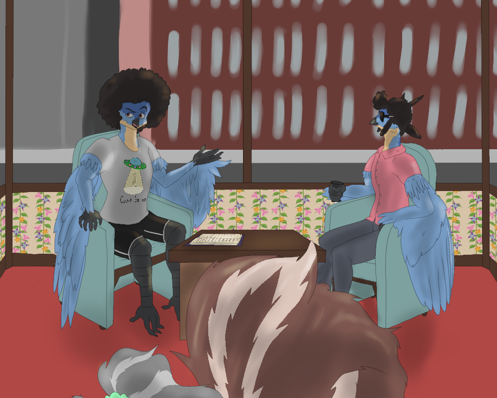 Rimas walks by in the foreground as Marble and Jacks (twin brothers) sit at a table reading a book. Jacks is blind and has a white cane and dark glasses. Marble's hair is shaped like a round marble. Jacks has hair that is shaped like a jack, like from the children's game. Marble is wearing a shirt showing two figures being abducted by an alien mothership, captioned 'Could be us'.