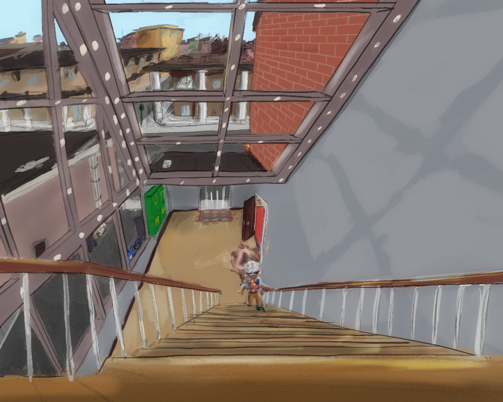 Rimas climbs the stairs to her apartment. A large skylight dominates the stairwell, and visible outside of it, a small glint on a distand rooftop.