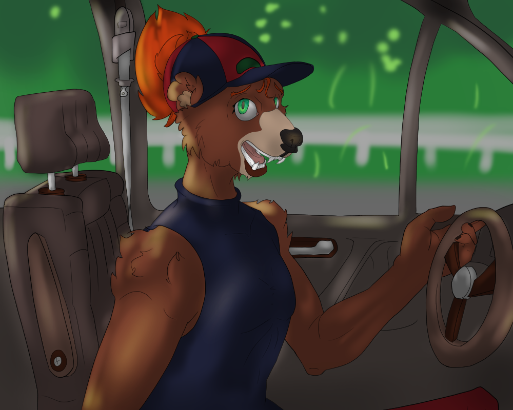 Bryph, with their left hand resting on the steering wheel, looks over at the passenger seat where Arcturus is seated.