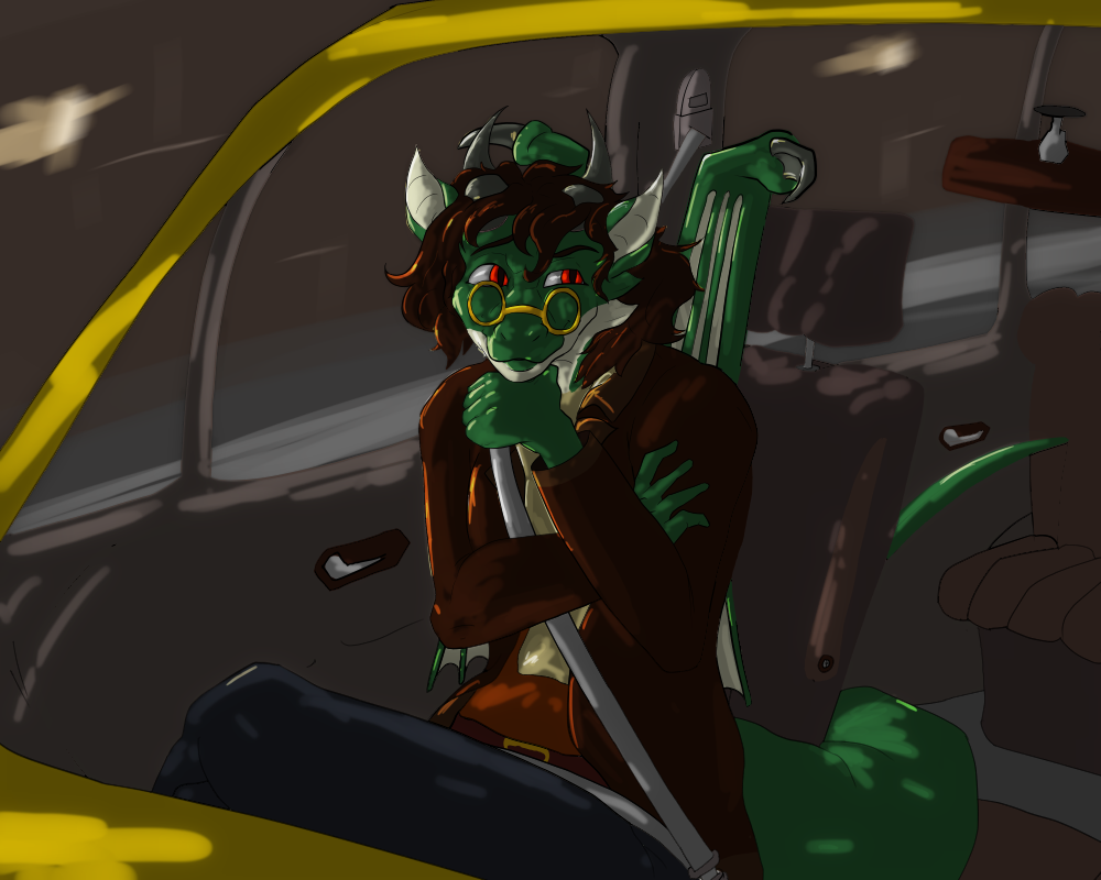 Arcturus, in the passenger seat of the taxi, glances over at Bryph.