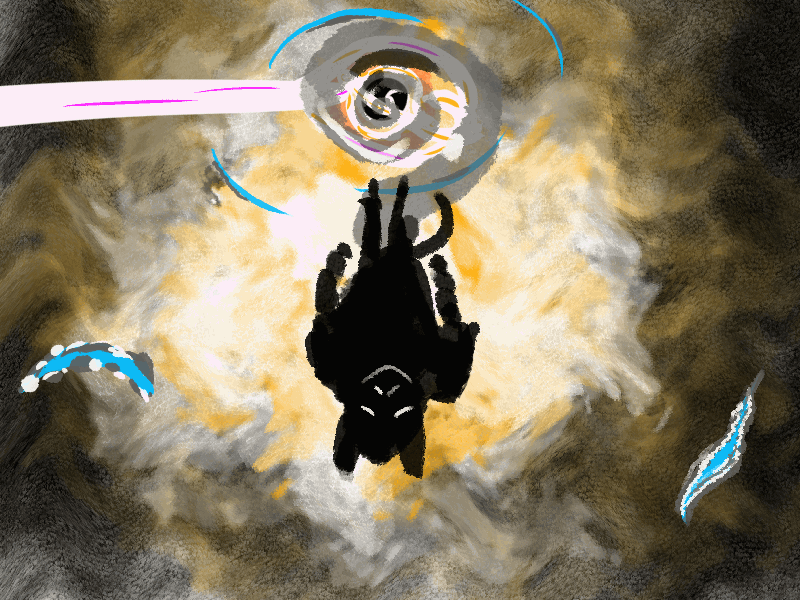 Jutse plummets out of the sky after his x-halo was shot off, leaving a spiralling trail of smoke in his wake. Above him, a black hole looms, absorbing the beam.