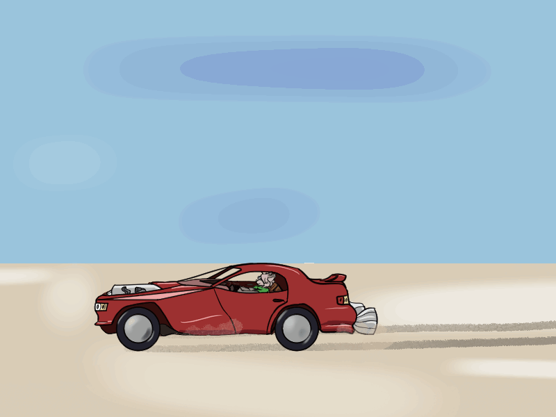 Cae crosses the desert in a self-built rocket car.