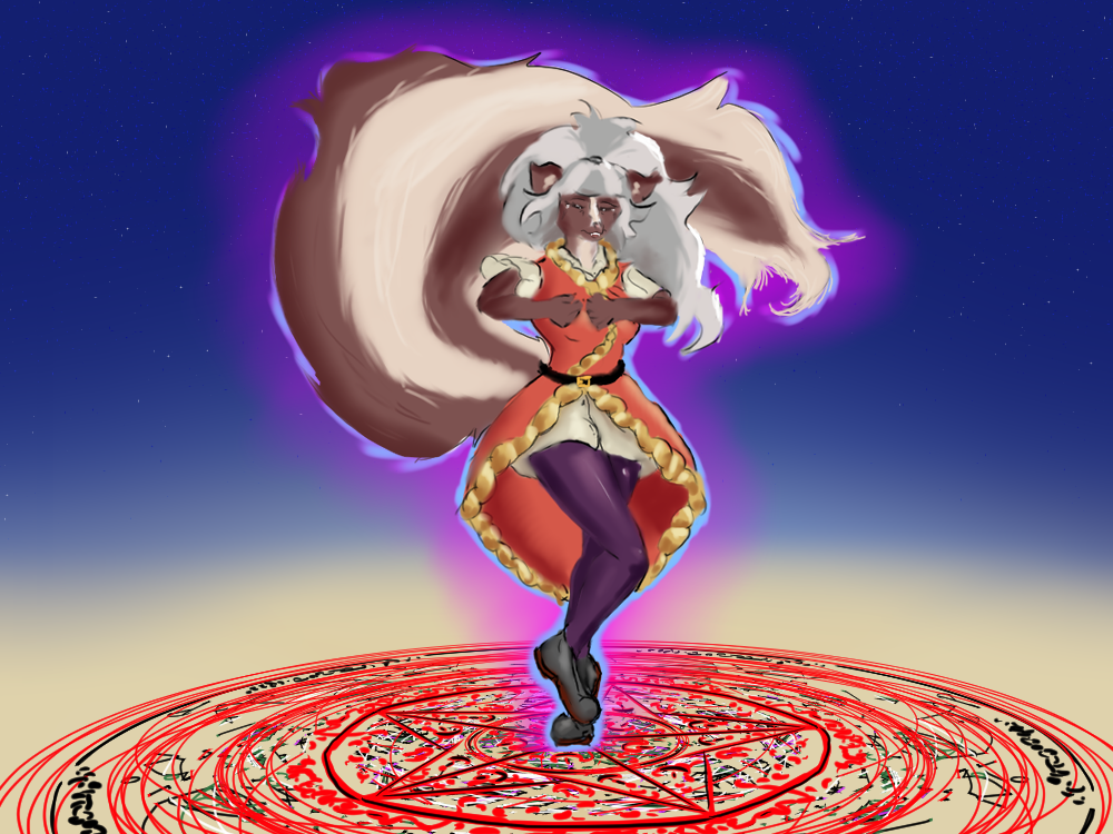 Rimas stands in the middle of a large magic circle, glowing with magic power.