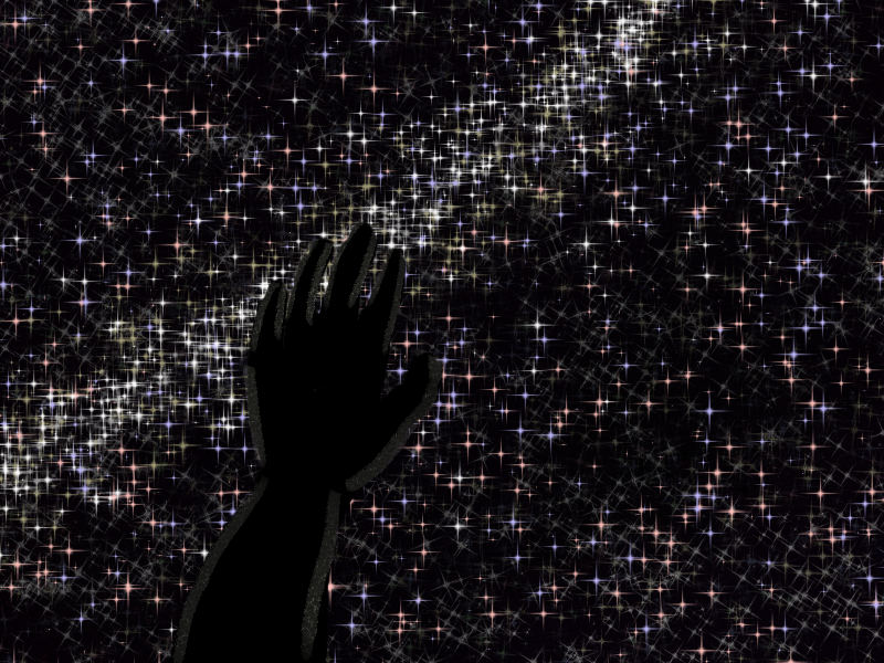 Silhouetted hand against a starry sky.