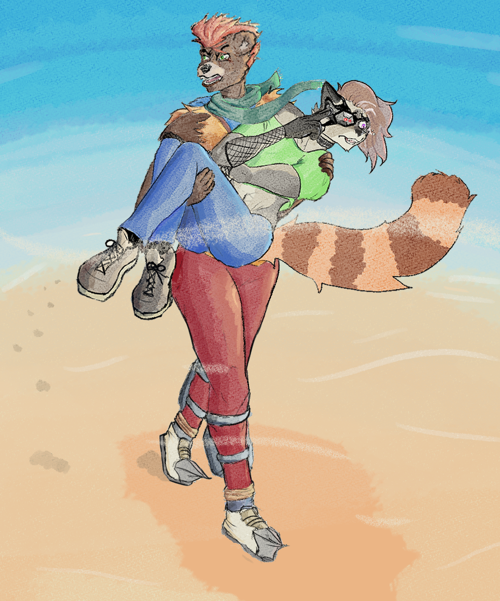 Bryph carrying Cae through the Great Blind desert.